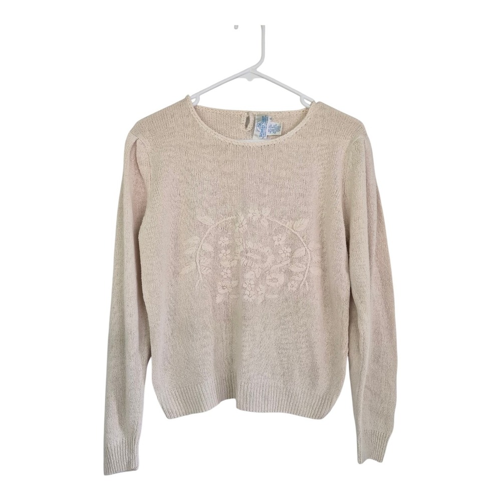 Vintage Wintersilks Embroidered Floral Silk Knit Sweater Cream Cottagecore S